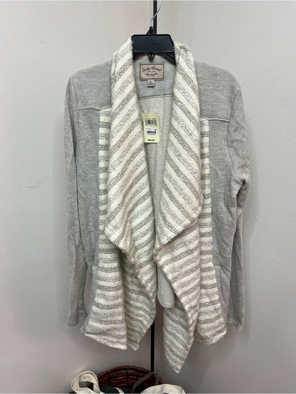 Lucky Brand Cream and Gray Striped Draped Cardigan